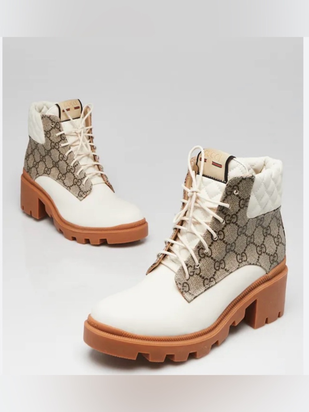 Gucci White Leather & Brown GG Canvas Quilted Lace-Up Heeled Boot - Picture 2 of 7